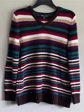 Designers Originals Striped V-Neck Sweater in Teal, Burgundy, Purple & Cream